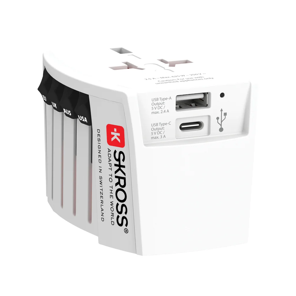 SKROSS World Travel Adapter MUV 2-pooluseline USB-A ja USB-C pesadega